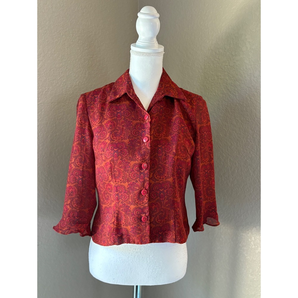 Positive Attitude Red Paisley Button Front Blouse 3/4 Ruffle Sleeve Petite 6